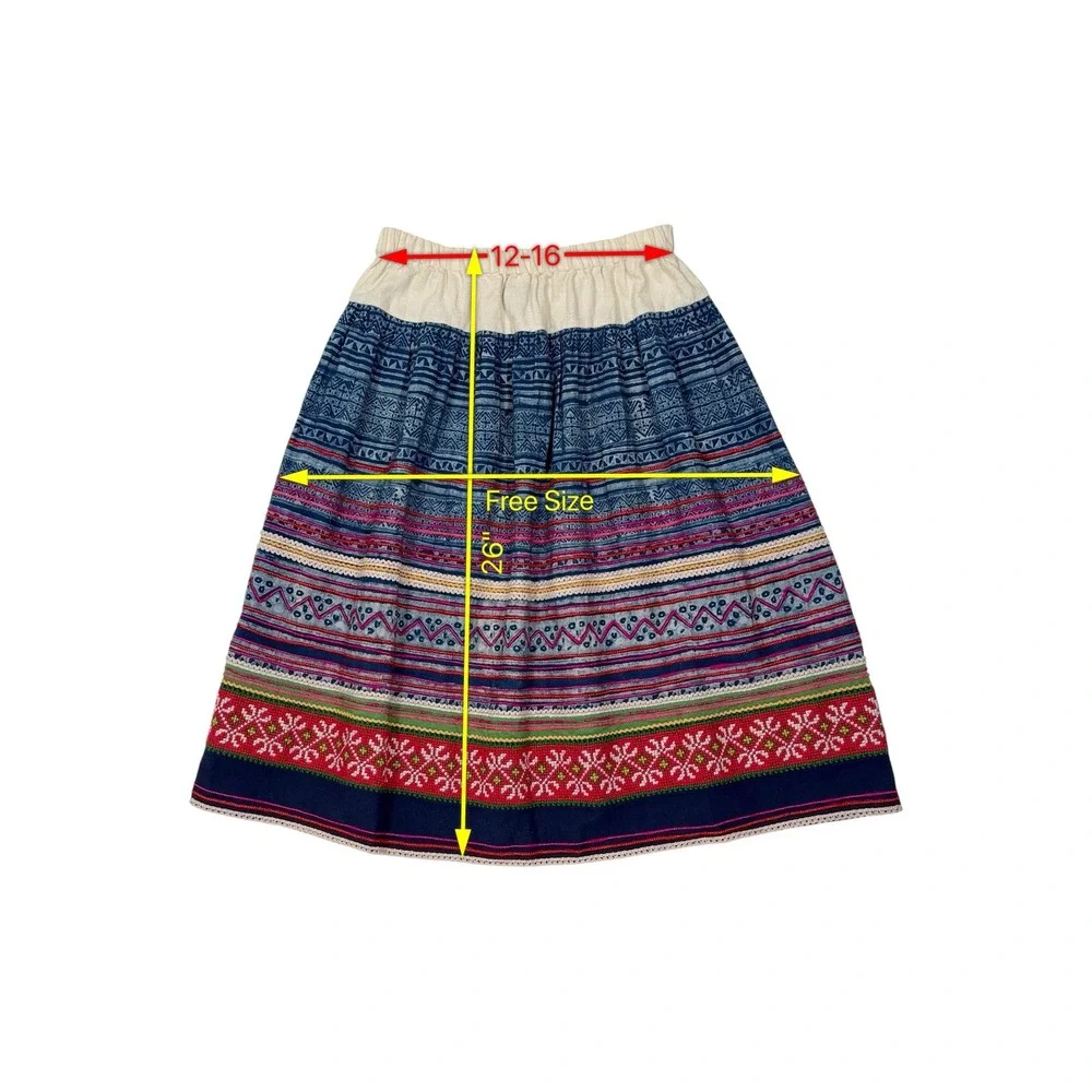 Lucky Brand Boho‎ Embroidered Cotton Midi Skirt Blue Red Pink Striped Medium